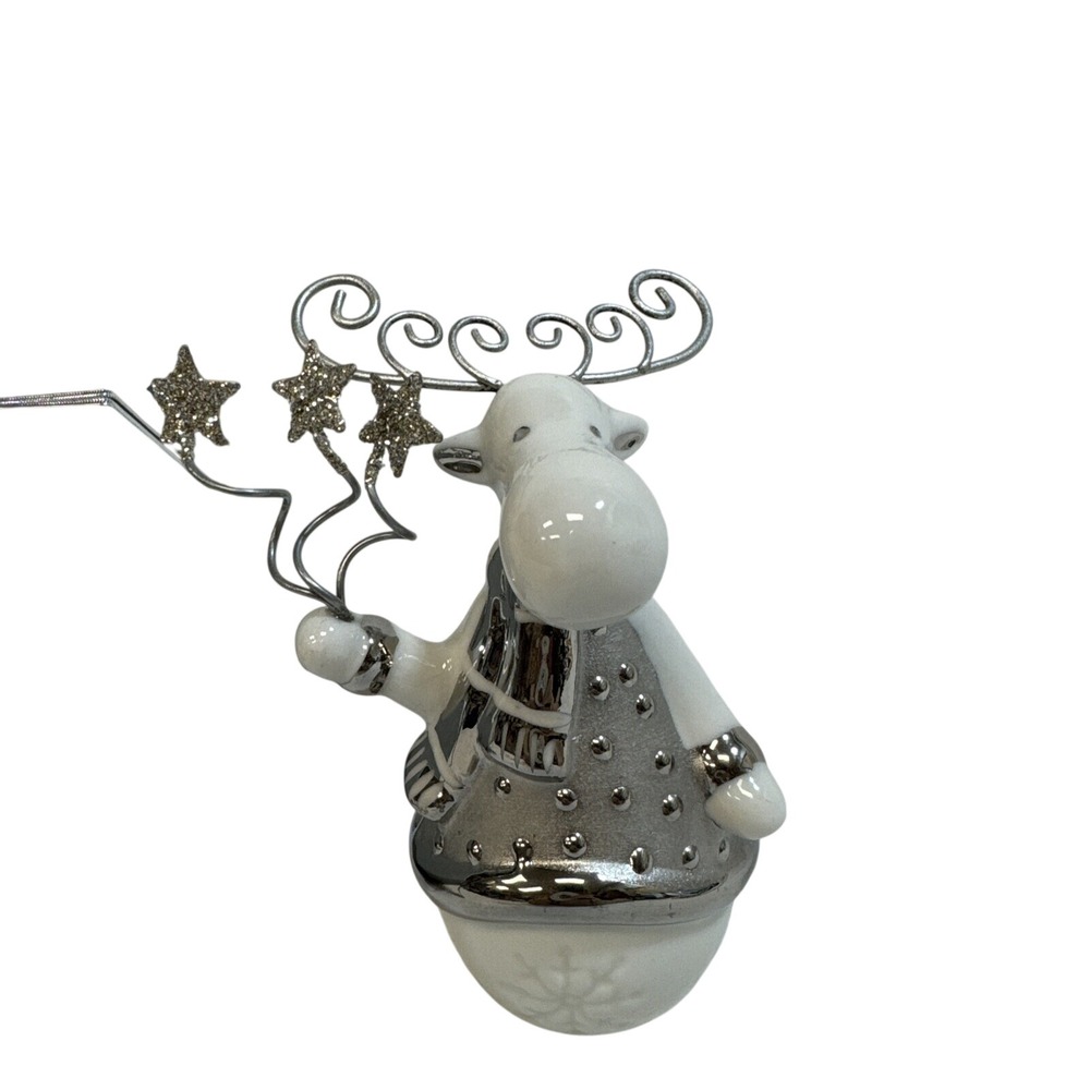 Pier 1 Imports Handcrafted Ceramic Moose Figurine White‎ Silver Christmas Decor